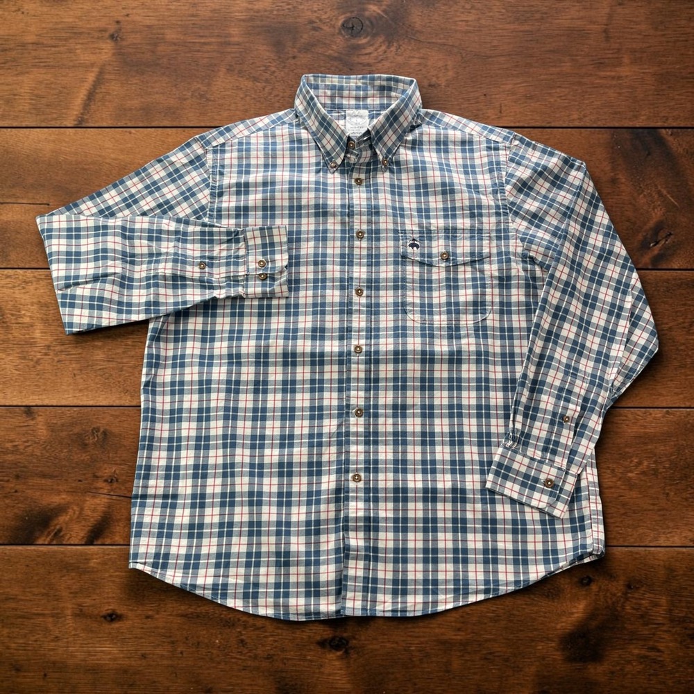 Brooks Brothers Regent Fit Plaid Button Down Shirt Mens (L) Blue Red Flap Pocket